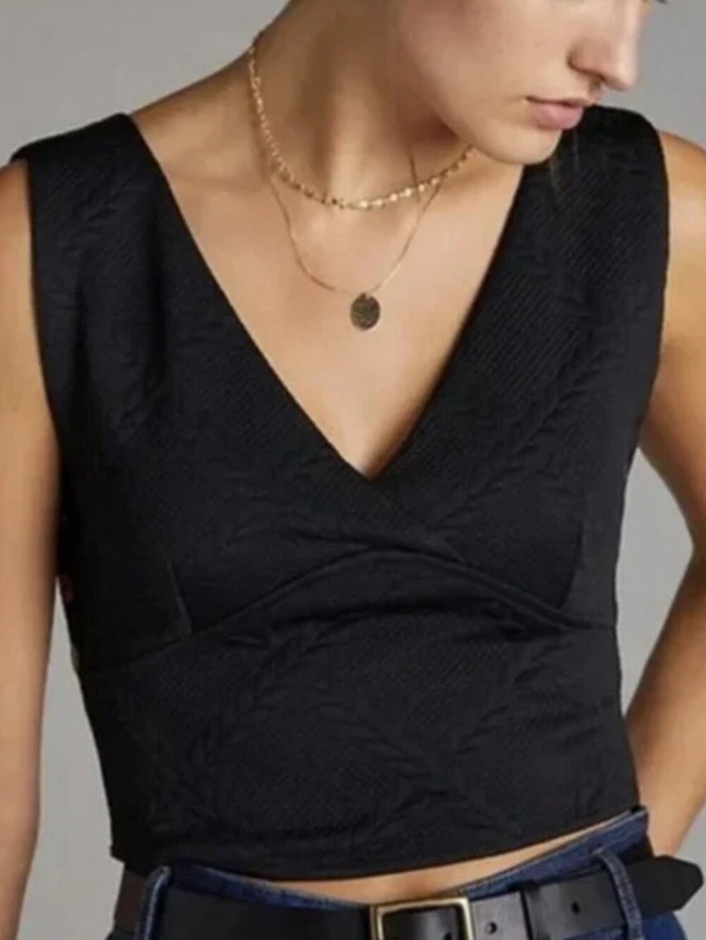 Maeve Anthropologie Gray Quilted Crop Top with Gold Buttons